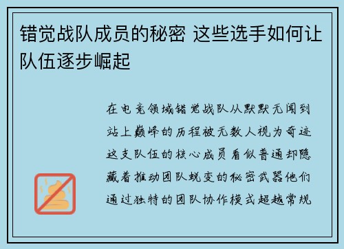 错觉战队成员的秘密 这些选手如何让队伍逐步崛起