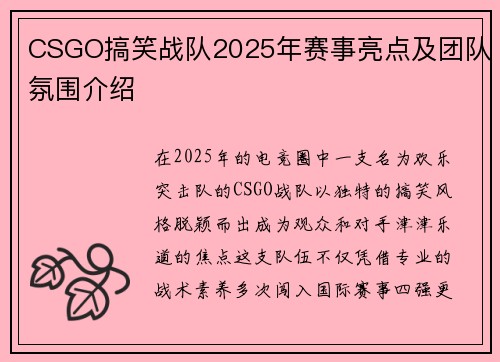 CSGO搞笑战队2025年赛事亮点及团队氛围介绍