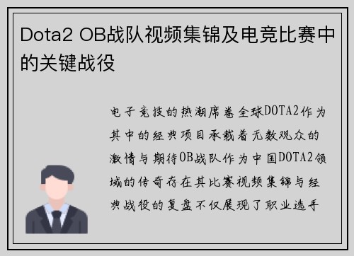 Dota2 OB战队视频集锦及电竞比赛中的关键战役