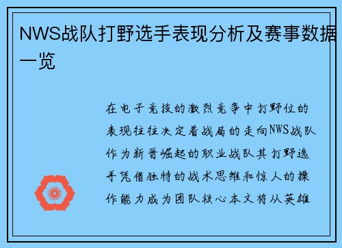 NWS战队打野选手表现分析及赛事数据一览